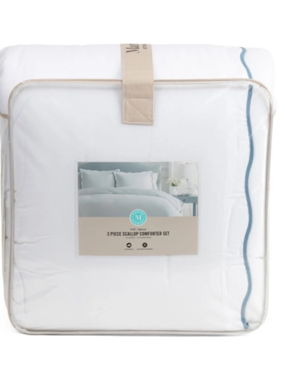 Martha Stewart Scallop Edge White Comforter Set with Blue Trim - 3 Piece
